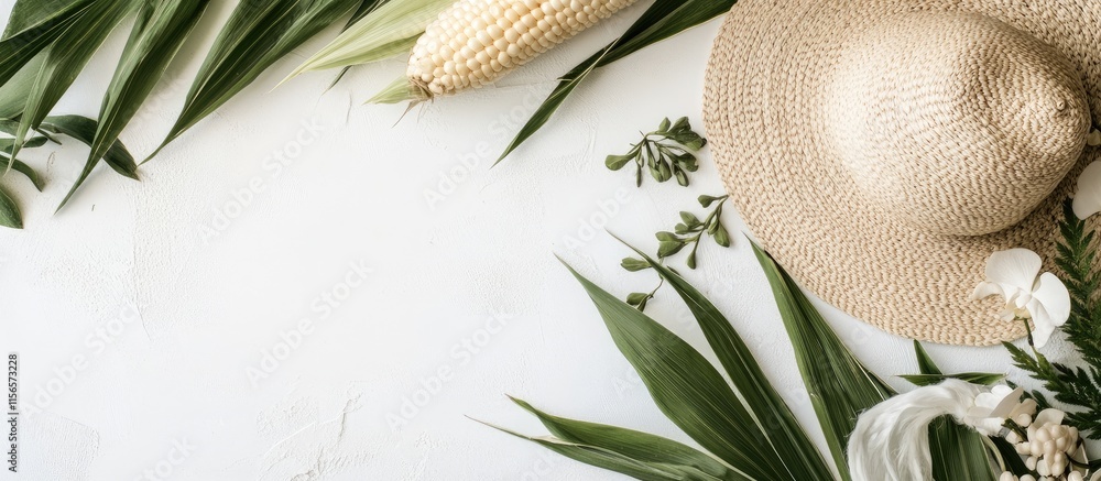 Poster freshly harvested corn and straw hat surrounded by greenery in a calm garden setting with space for 