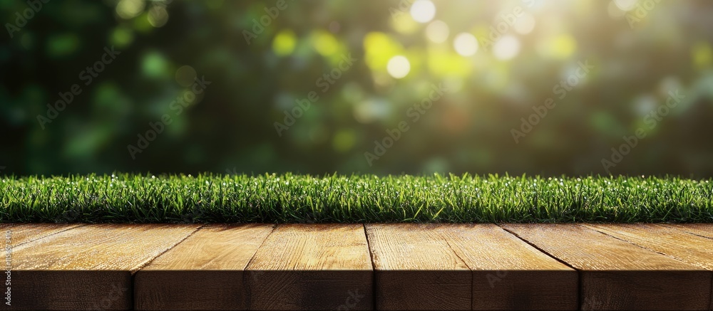 Poster lush green grass with dewdrops glimmering in sunlight on wooden surface with soft bokeh background f