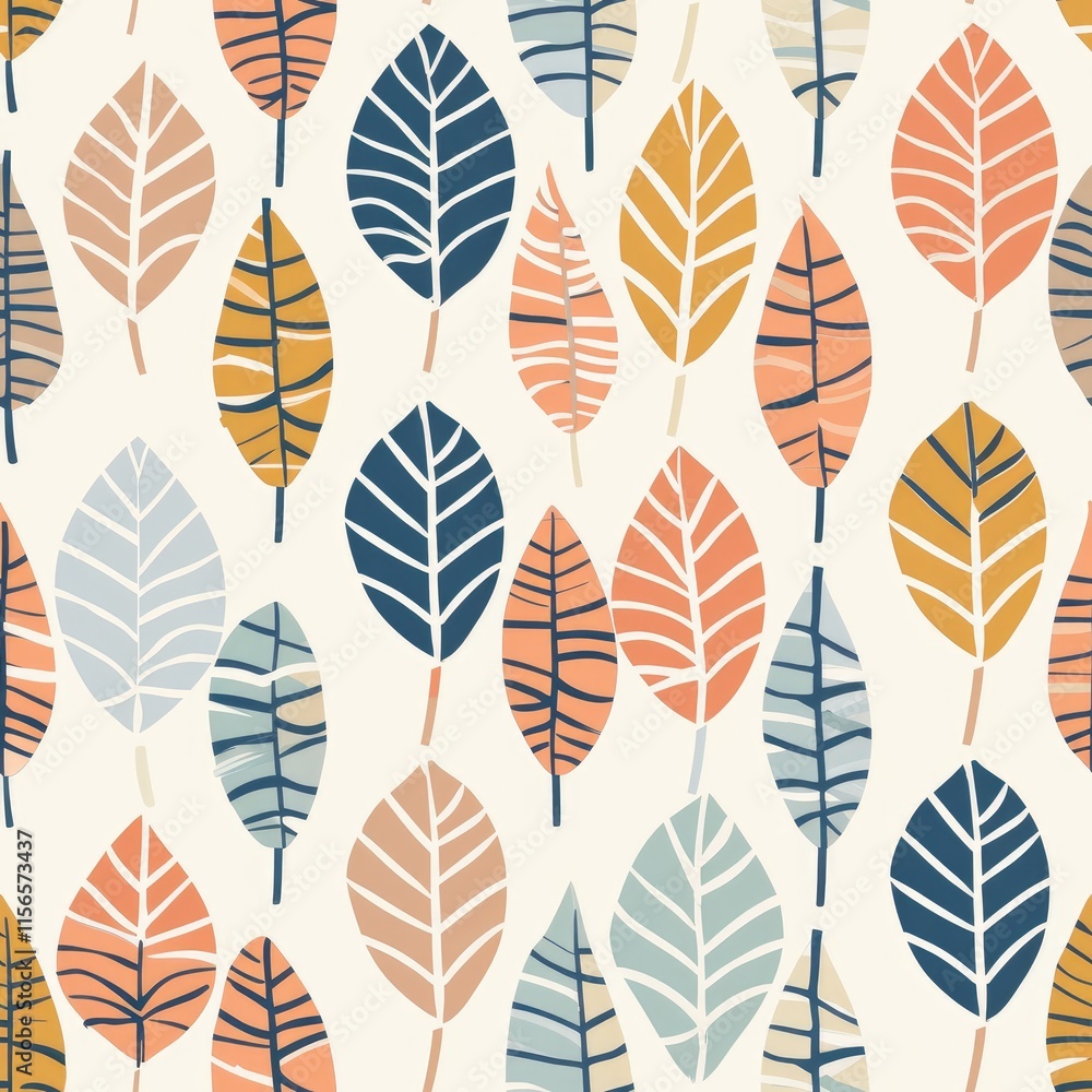 Poster a pattern of colorful leaves in various shapes and sizes on a light background.