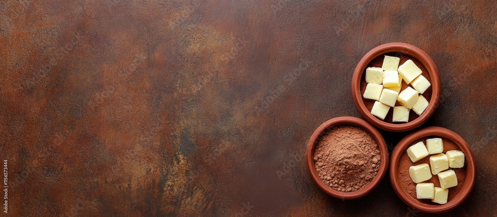Aufkleber freshly ground cocoa powder and white chocolate chunks in clay bowls on rustic desktop with copy spa