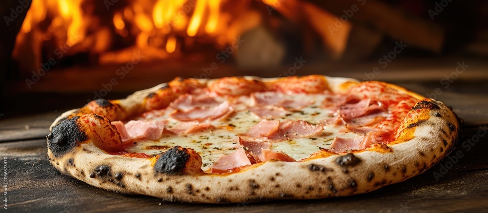 Poster deliciously baked pizza with ham and melting mozzarella in front of a warm rustic fireplace featurin