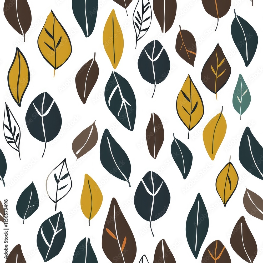Poster a pattern of various leaves in different colors on a white background.