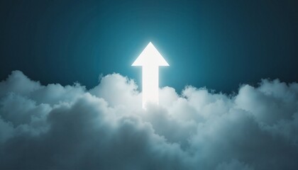 White arrow pointing up through the clouds toward the dark blue sky