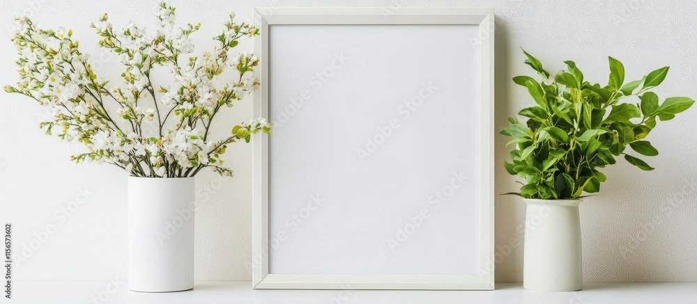 Poster spring floral arrangement with white vases and empty frame on a bright table showcasing fresh blooms