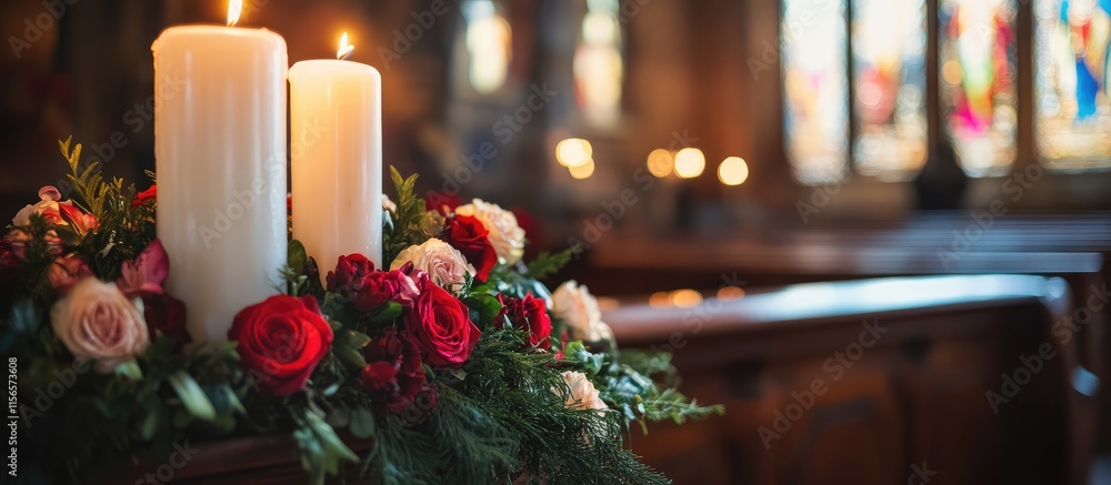 Poster decorative altar with candles and flowers creating a serene atmosphere perfect for text or inspirati