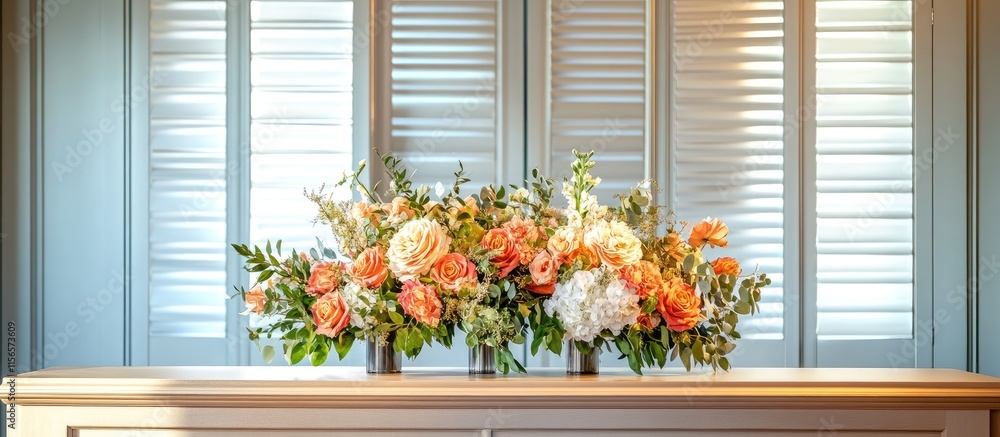 Poster elegant flower arrangements on a reception desk with decorative window shutters and ample copy space