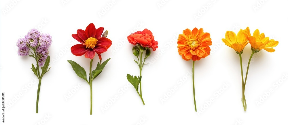 Poster colorful flower arrangement in a row on white background top view with empty space for text in flat 