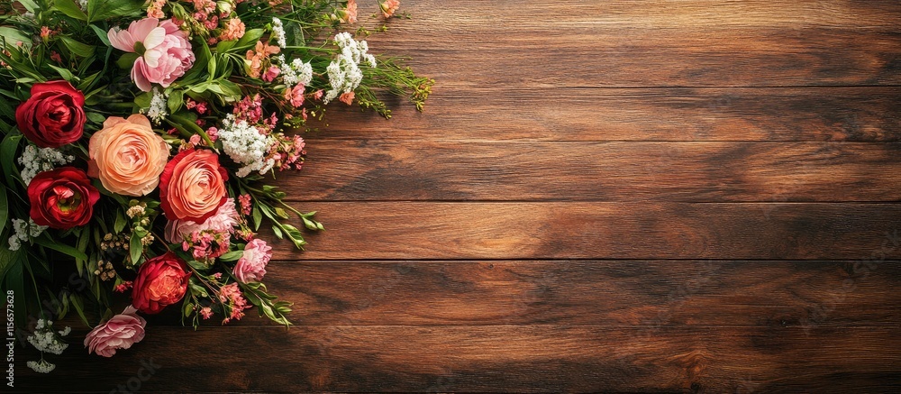 Poster elegant flower bouquet on rustic wooden table with blank space for celebration message or greeting c