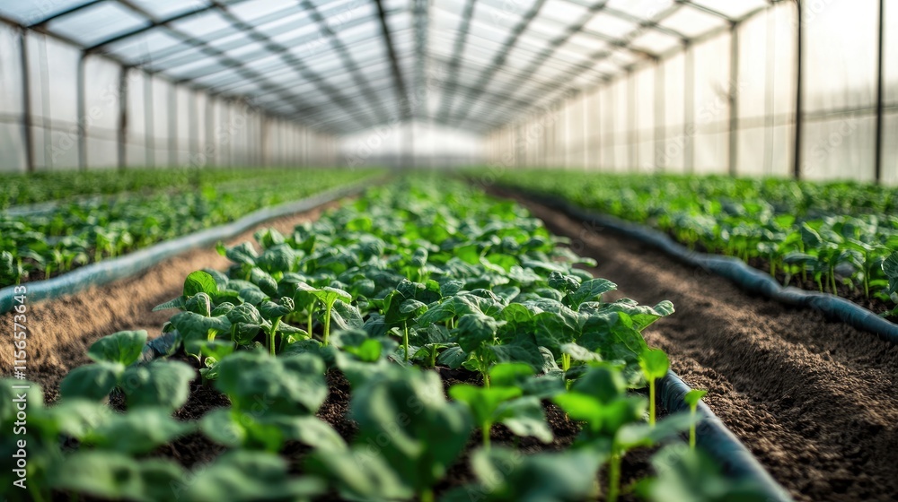 Poster cucumbers thriving in a greenhouse garden with expansive rows and ample empty space for text or prom