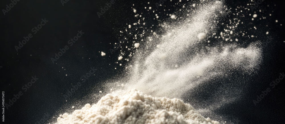 Poster flour swirling dramatically in the air with a dark background and ample space for text creating a dy