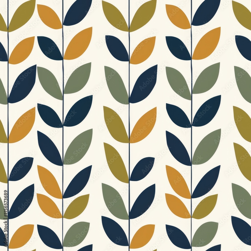 Poster a repeating pattern of stylized leaves in various colors on a light background.