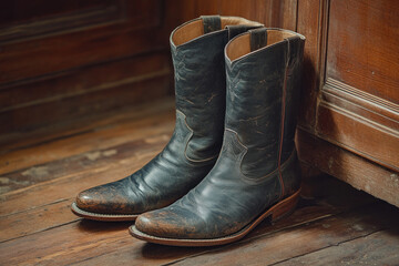Cowboy boots on wooden floor, worn-out leather, dirt stains, intricate embroidery, symbol of rugged Western lifestyle, evoking tales of the Wild West.