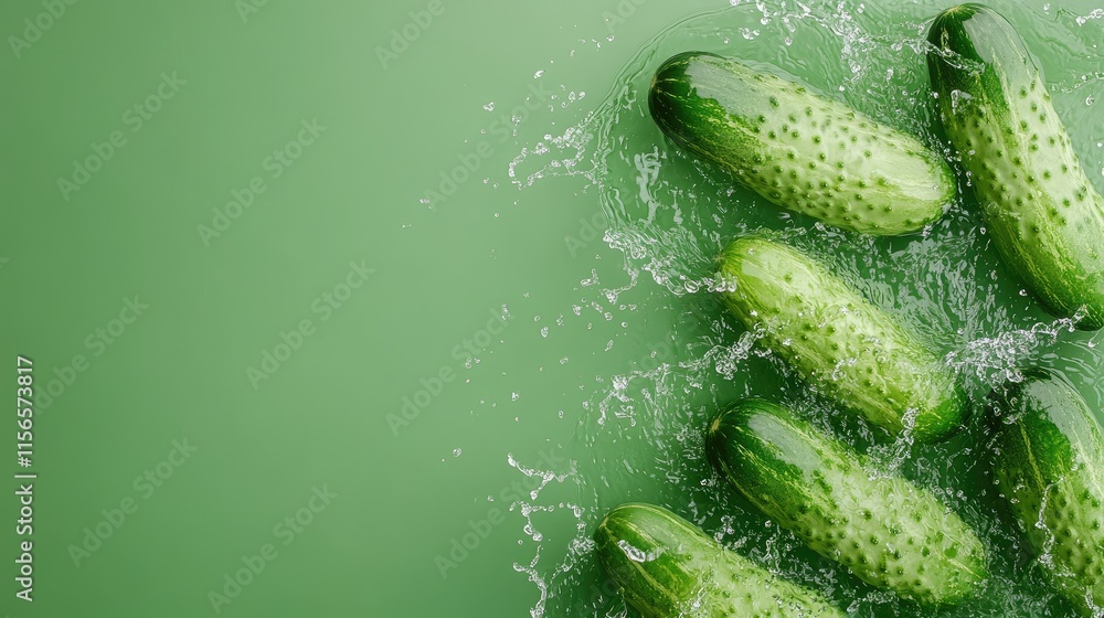 Poster fresh cucumbers splashing in water against a green background with space for text or branding in cul