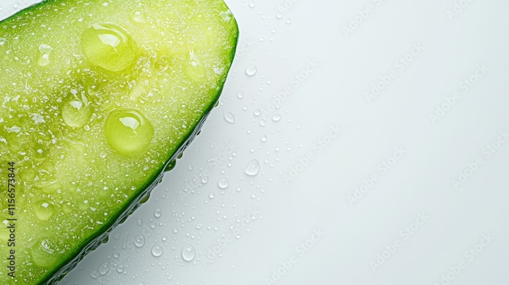 Poster cucumber slice with water droplets on white background showcasing freshness and hydration with ample