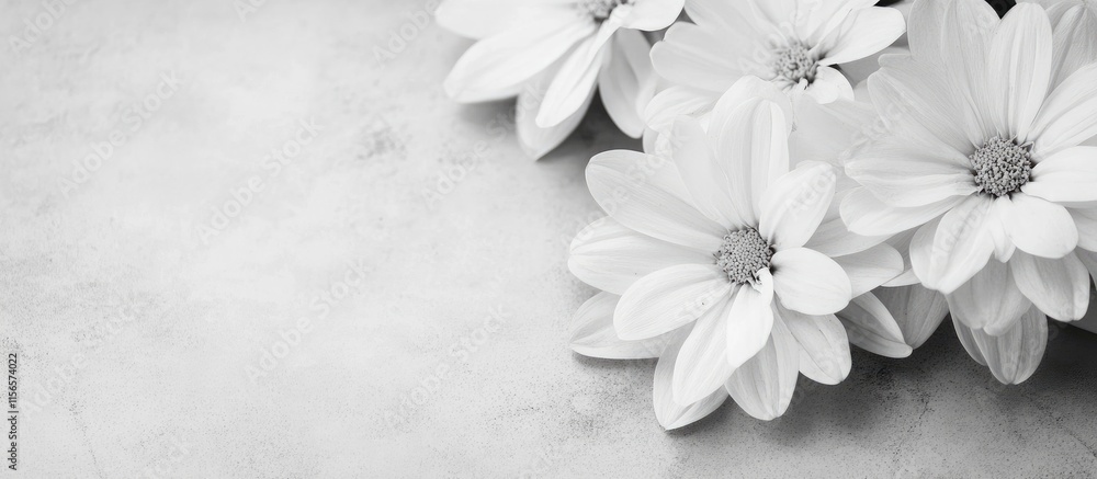 Poster close up of textured white flowers on a gray background with ample empty space for text or design el