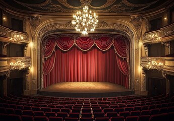 An elegant, ornate theater stage with red curtains and chandeliers