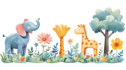 Obraz premium Playful watercolor illustration of animals and flowers