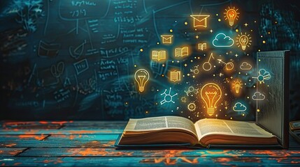 A laptop with an open book and glowing icons of knowledge lightbulbs, graduation caps