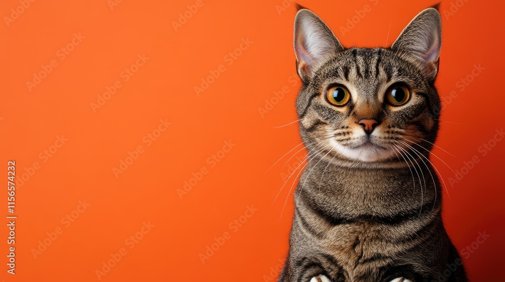 Aufkleber closeup portrait of a tabby cat featuring large paws and extra toes set against a vibrant orange bac
