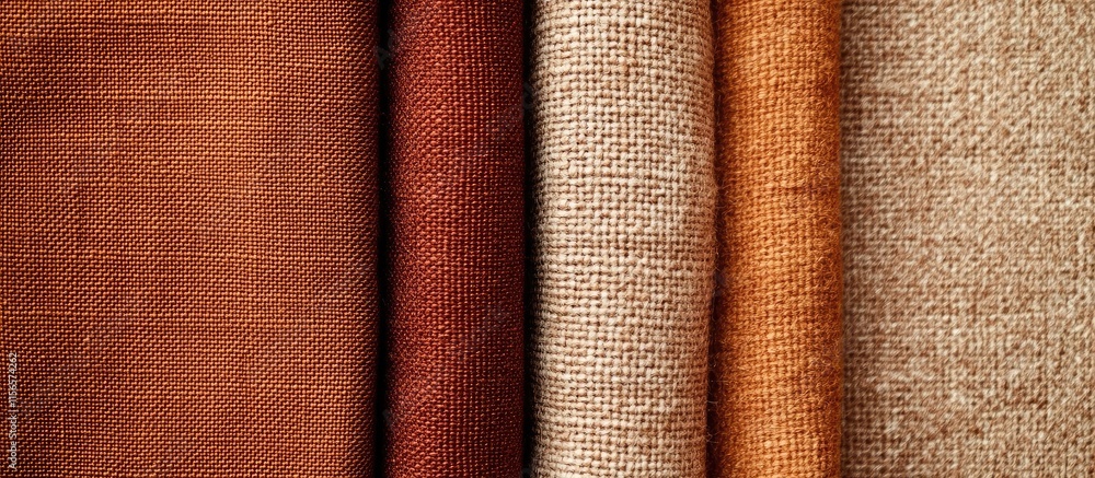 Poster closeup of assorted linen and corduroy fabric textures in warm brown and beige tones with ample spac