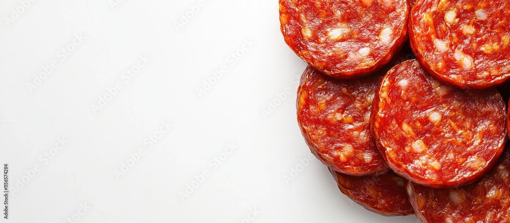 Aufkleber close up of vibrant fresh chorizo sausage slices arranged aesthetically on a white background with a