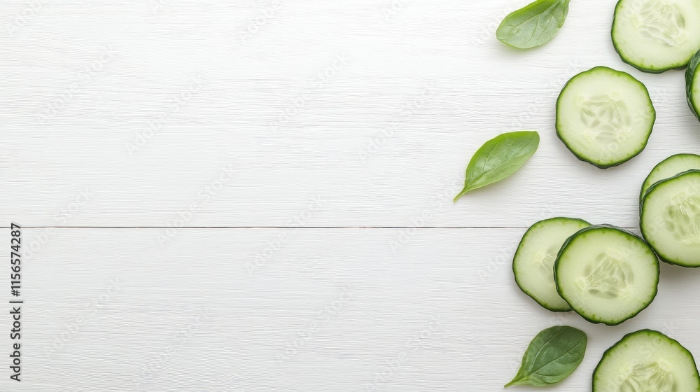 Aufkleber fresh cucumber slices and basil leaves arranged on a white wooden surface with ample negative space 