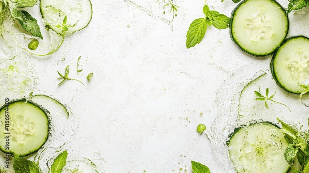 Poster cucumber slices and fresh mint leaves on a white background with water splashes creating a refreshin