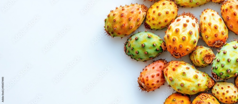 Poster vibrant assortment of fresh cactus fruits showcasing colorful textures on a clean white background w