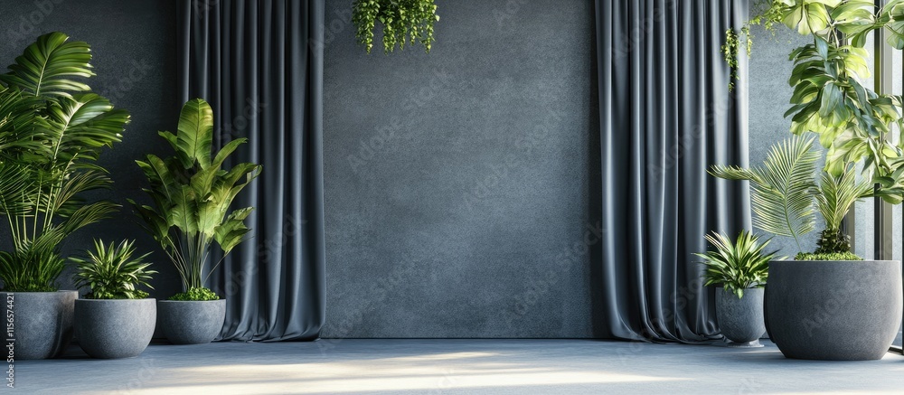 Aufkleber elegant display area with potted plants and draped curtains creating a serene backdrop perfect for p