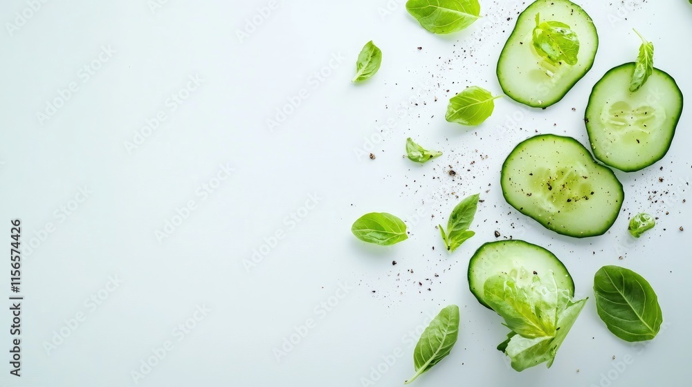 Poster fresh cucumber slices and green leaves on a white background with empty space for healthy food text 