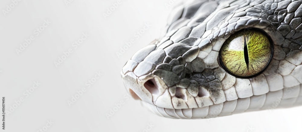 Poster close-up of a reticulated python showcasing expressive green eyes with ample space for text overlay 