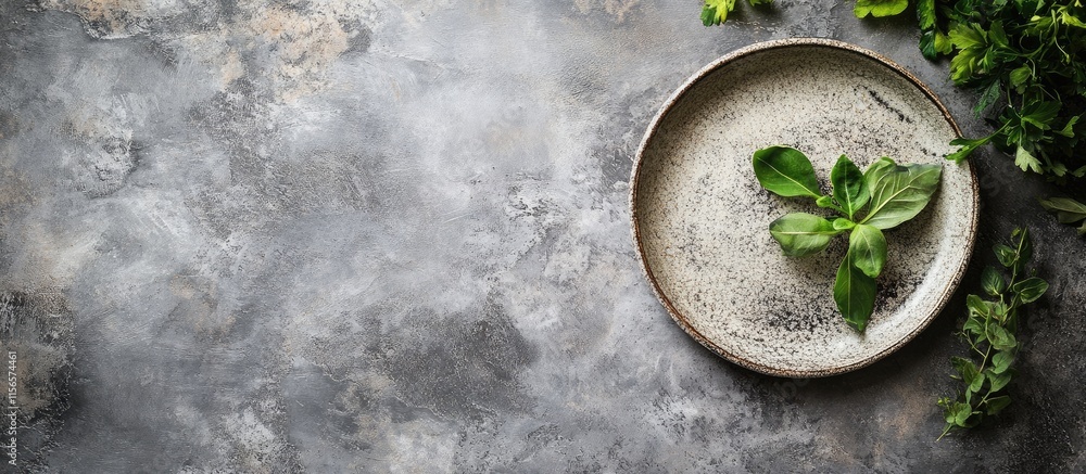 Poster elegant plant-based meal on rustic stone plate with green garnish and copious blank space for custom