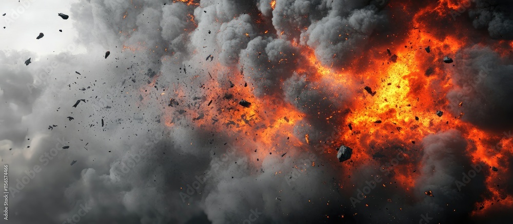 Poster dramatic explosion and chaos in a war scene with dark clouds and flames creating space for textual c