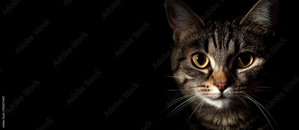 Poster expressive cat portrait with captivating gaze and dark background ideal for text overlay or branding