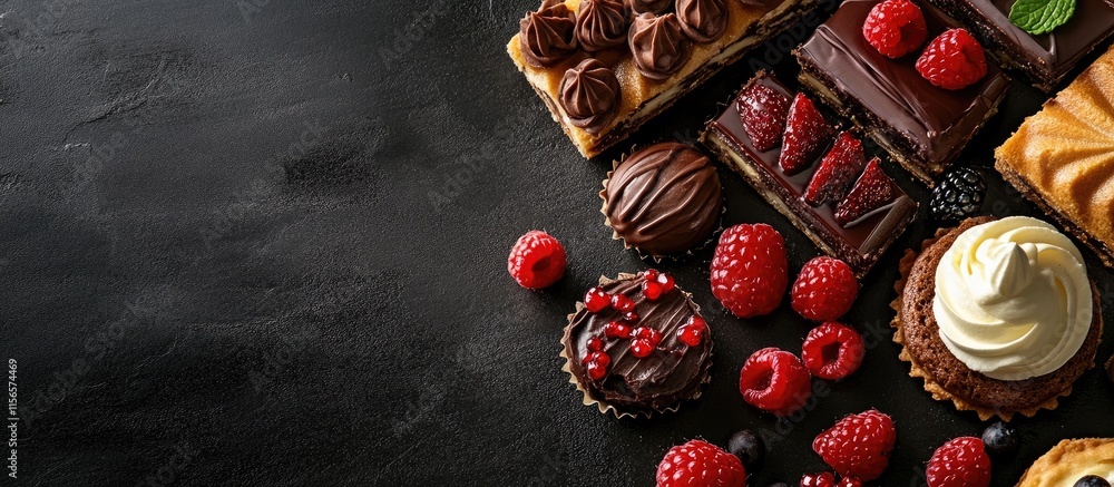 Poster homemade baked desserts assortment with fresh berries and empty space for custom text on dark backgr
