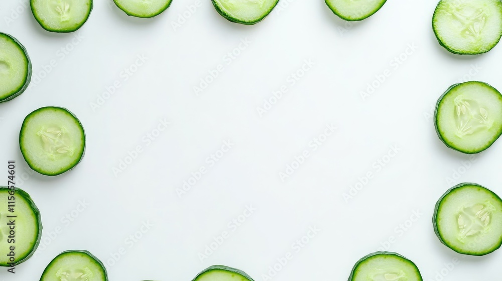 Poster cucumber slices arranged in a circular frame on a white background with ample empty space for text o