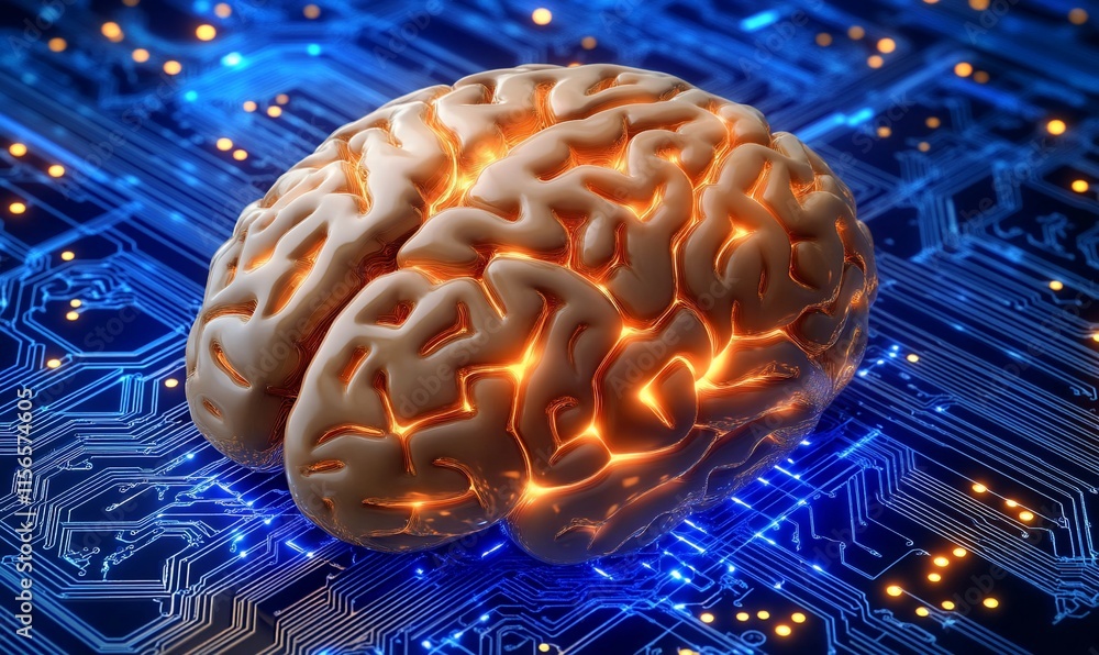 Poster a brain illuminated against a circuit board background, symbolizing technology and intelligence.