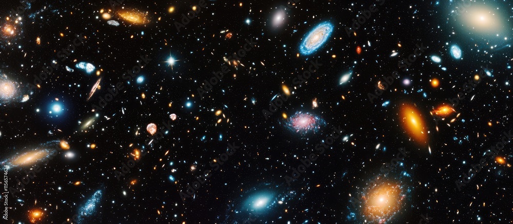 Poster cosmic expanse showcasing diverse galaxies and stars with ample negative space for overlaying text o