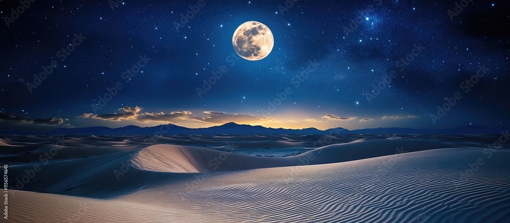 Poster expansive desert landscape illuminated by a bright full moon with clear sky and ample empty space fo
