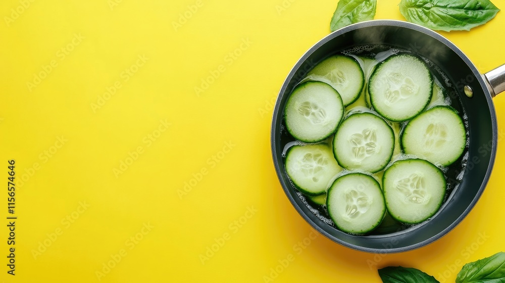 Poster cucumber slices and aloe vera boiling in colorful pan on yellow background healthy vegan cooking con