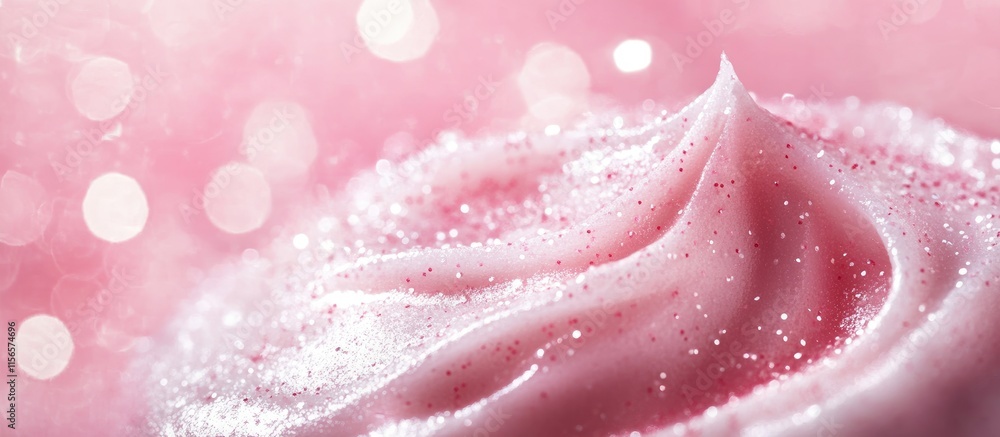 Poster smooth flow of pink cosmetic cream with sparkling effect and blurred background for text placement