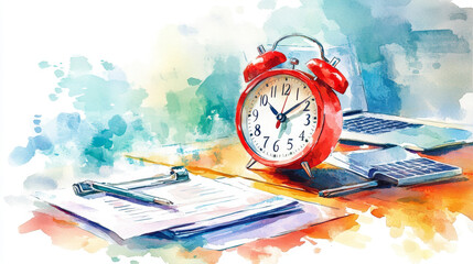 Red clock on wooden desk with papers and laptop
