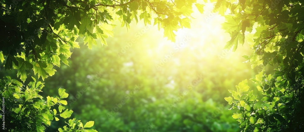 Poster serene waterfall flowing through lush green maple trees illuminated by sunlight tranquil nature scen