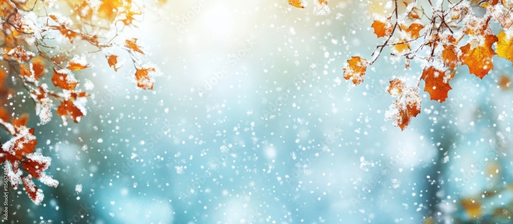 Poster first snowfall in enchanted forest with glimmering snowflakes and atmospheric background ideal for h