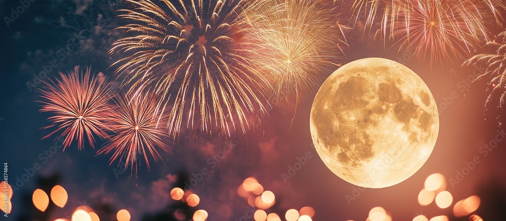 Poster mesmerizing fireworks illuminate the night sky alongside a radiant full moon with ample space for te