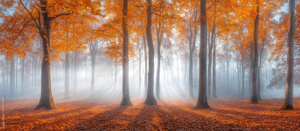 Poster magical autumn forest shrouded in luminous fog creating ethereal shadows with ample empty space for 