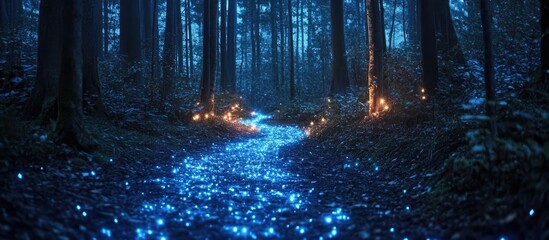 Fototapeta premium Magical Luminescent Forest Pathway Surrounded by Trees with Copy Space for Text and Dreamy Atmosphere
