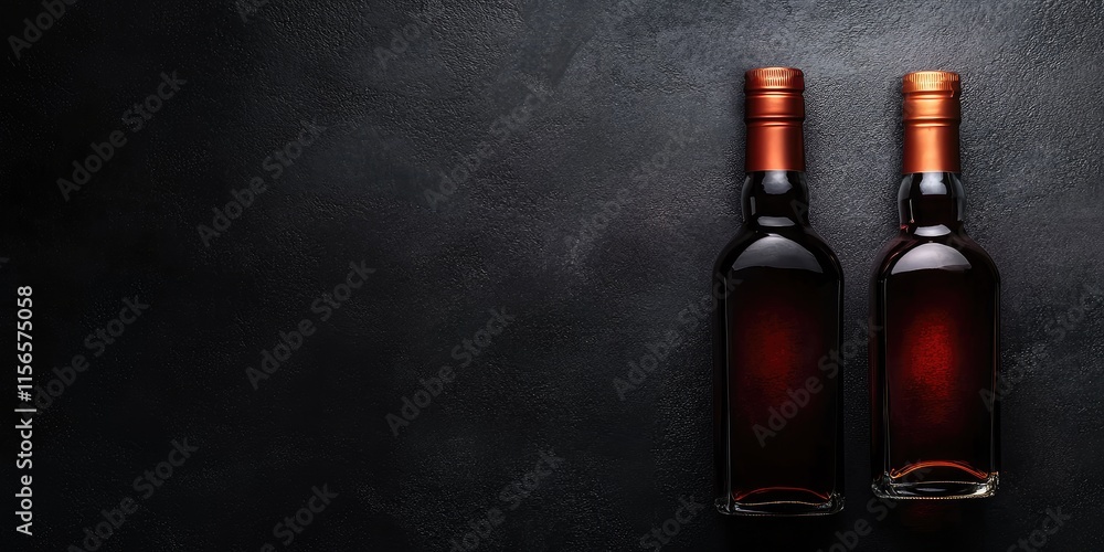 Poster elegant spirits advertisement showcasing two dark glass bottles on a textured black background with 