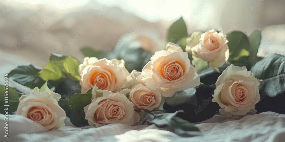 Poster elegant bedroom setting with soft roses and natural light creating a serene atmosphere suitable for 