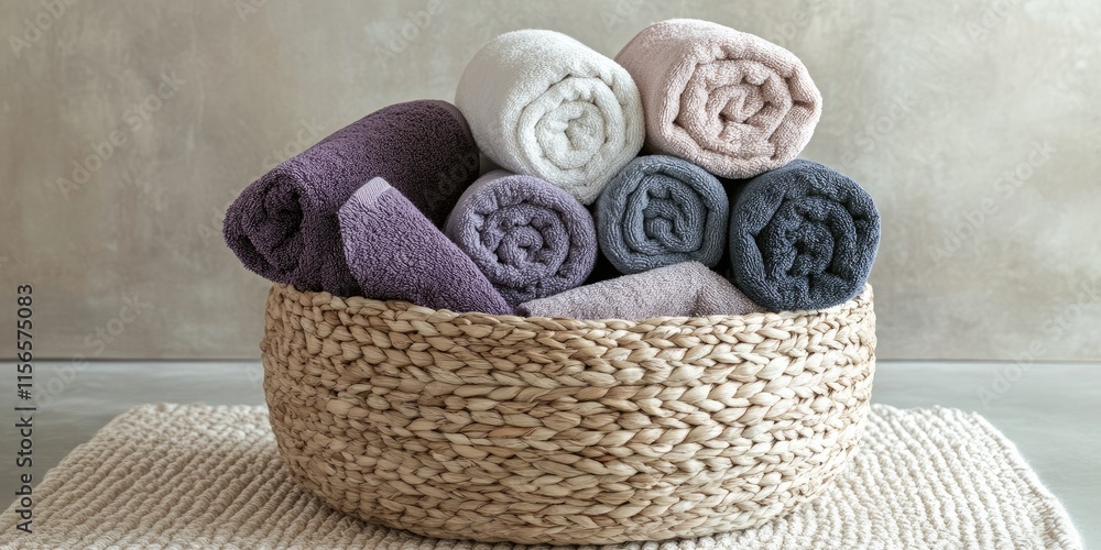 Poster elegant woven basket filled with rolled soft towels in calming colors creating a tranquil spa atmosp